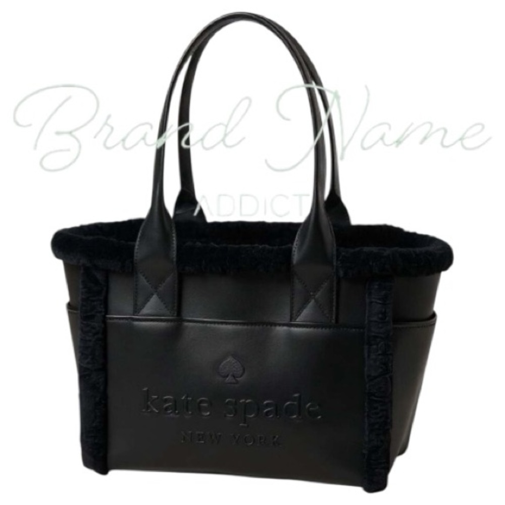 NWT Kate Spade Large 17” Jett Black Faux Shearling Patent Leather Tote Bag - Picture 1 of 6